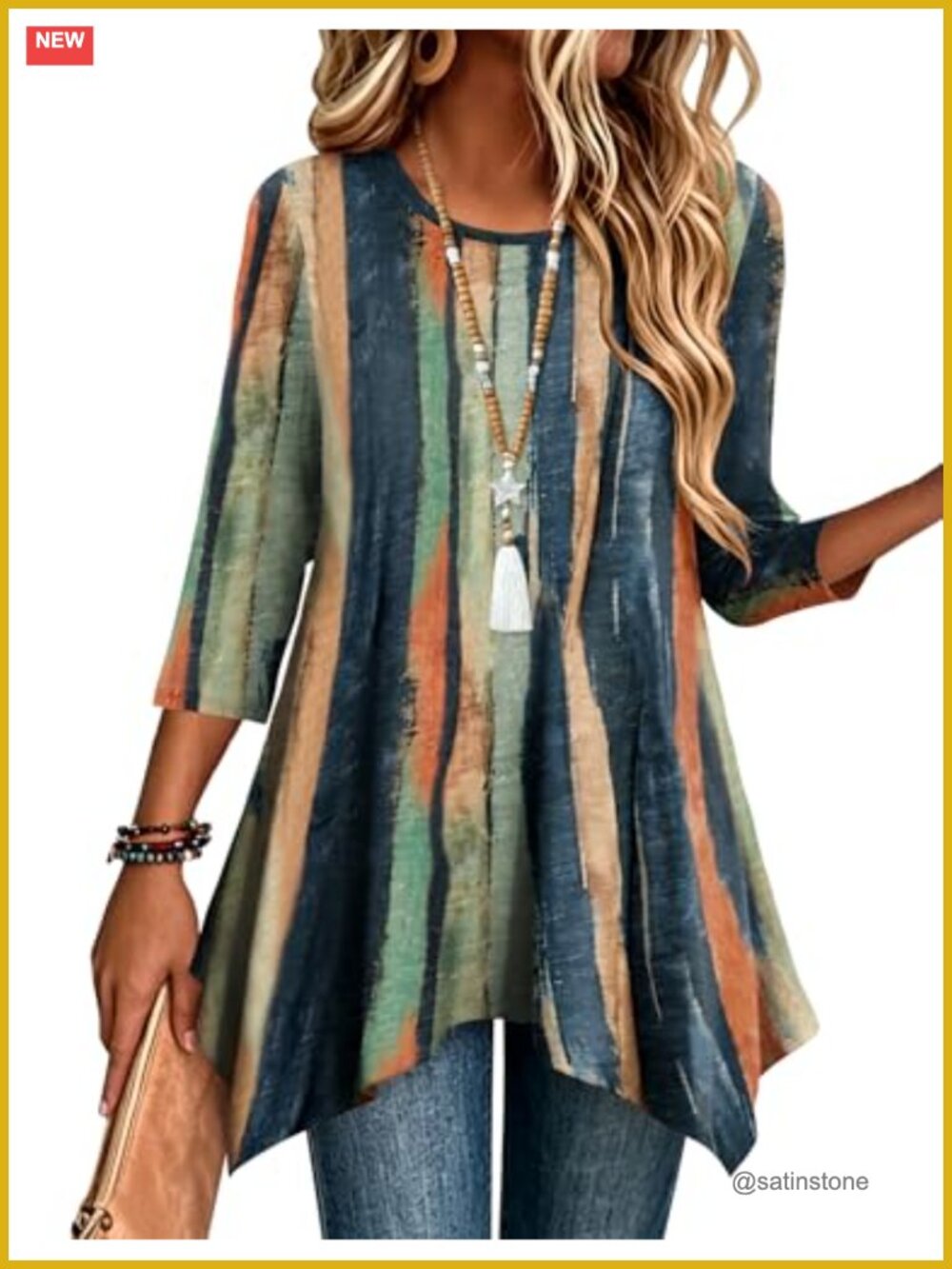 Womens 3/4 Sleeve Loose Fit Tunic Top Boho Dressy Casual Blouse